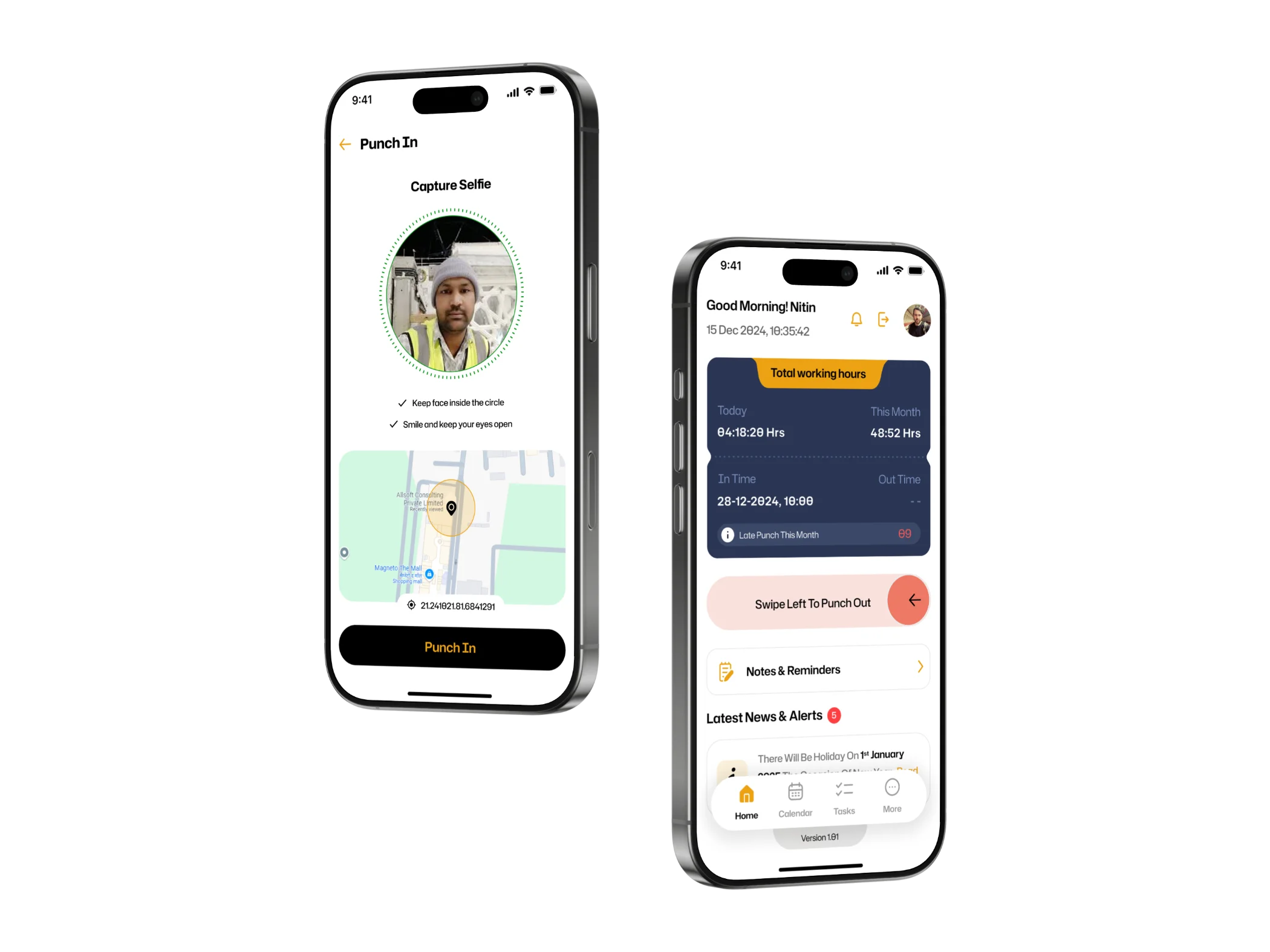TimeMarkr app showing selfie punch-in and the working-hours dashboard