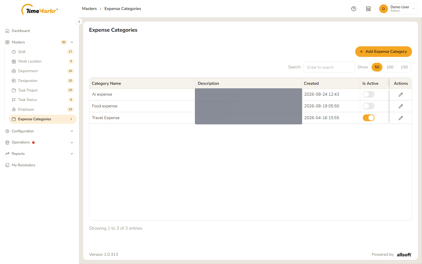 Expense Categories list