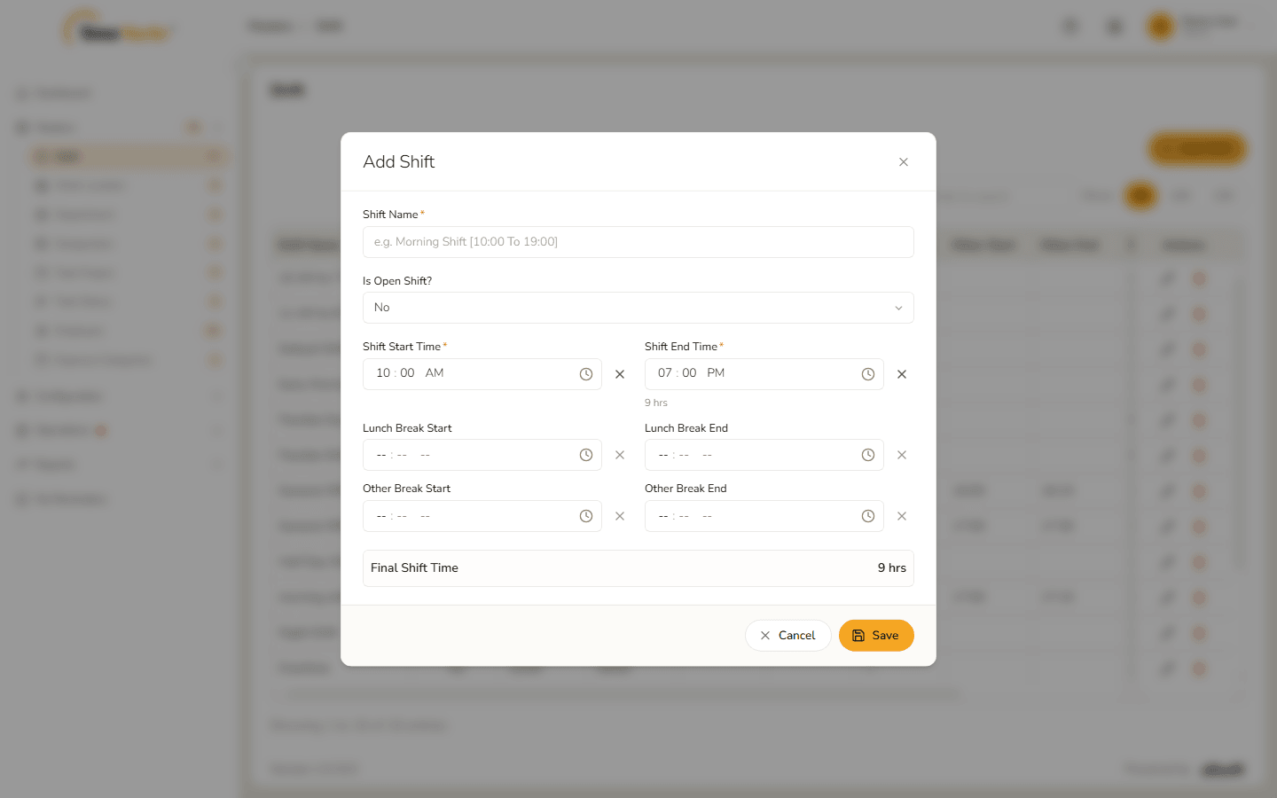 Add Shift form