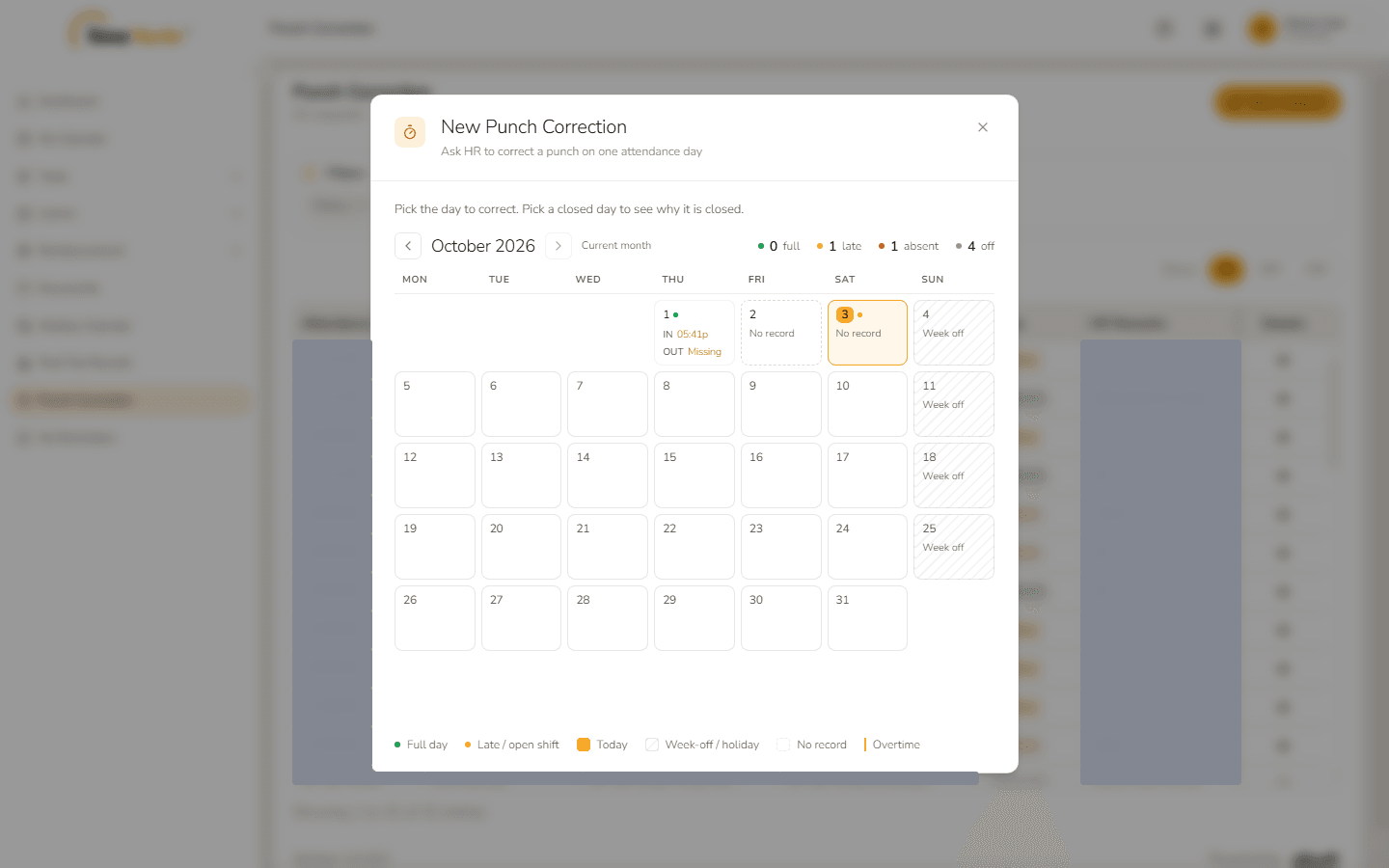 New Punch Correction calendar