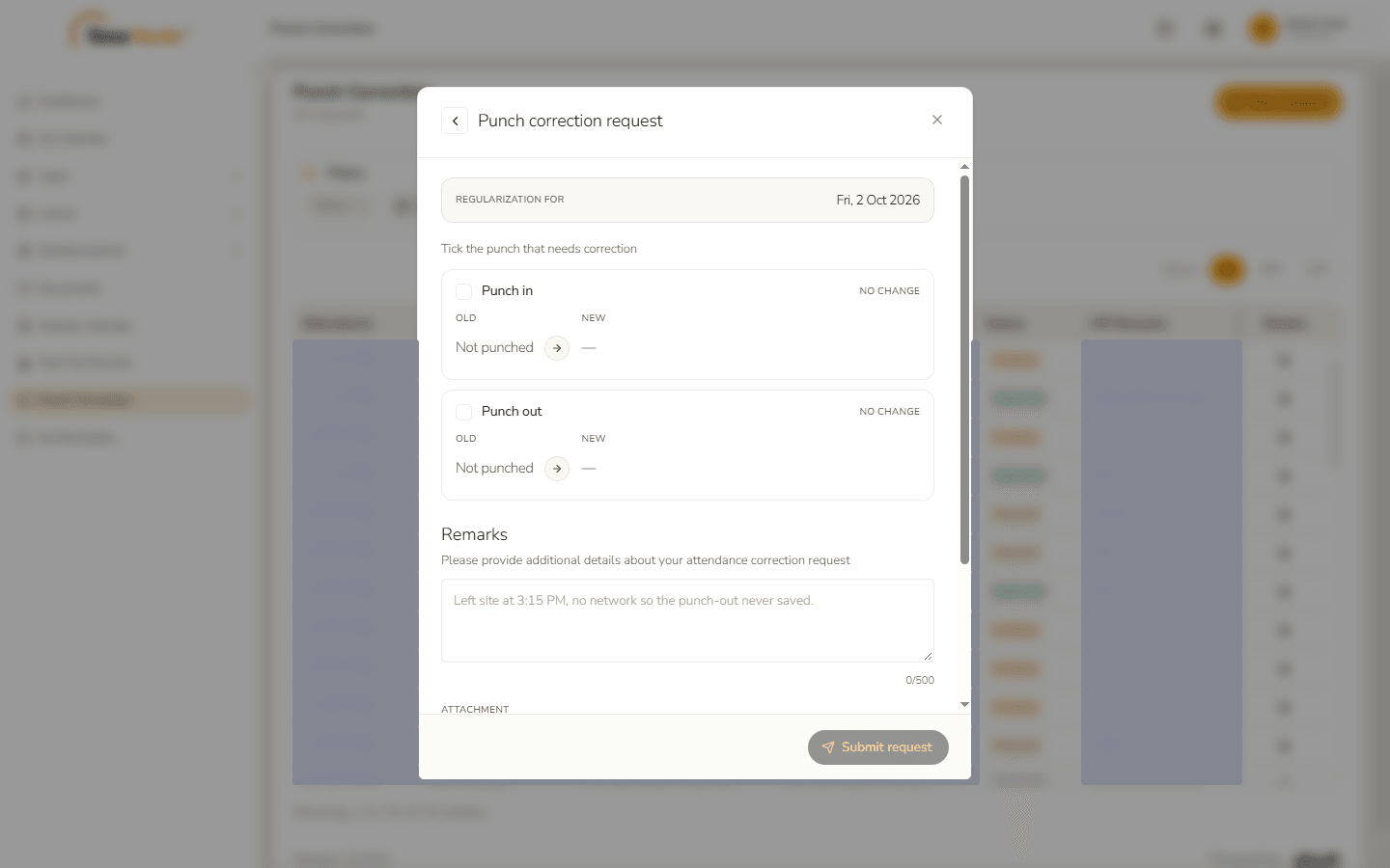 Punch correction request form