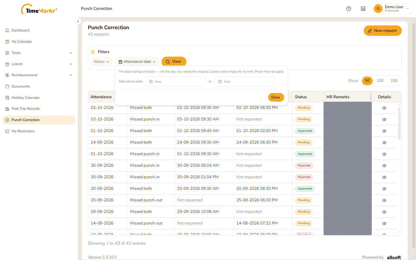 The Attendance date filter
