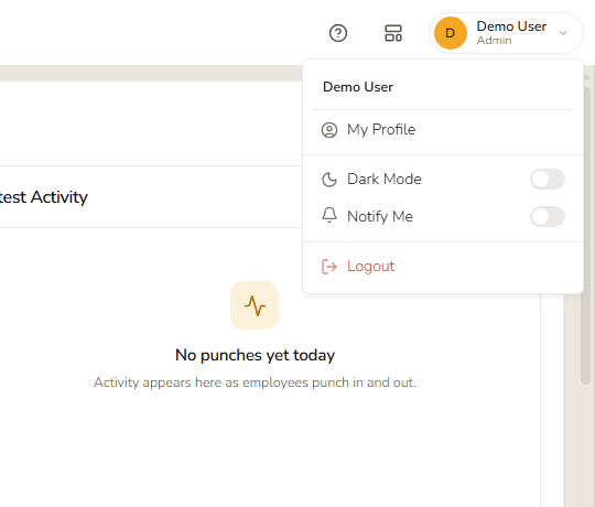 Admin account menu